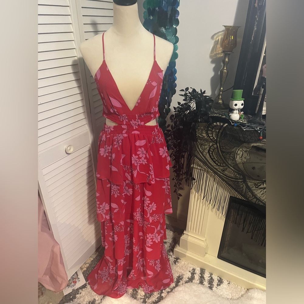Express Cut Out Floral Maxi Tiered Fluttered Dress